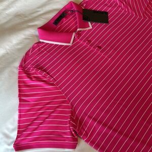 NWT G/FORE‎ Large Fine Line Banded Sleeve Tech Pique Polo Golf Striped Pink Men